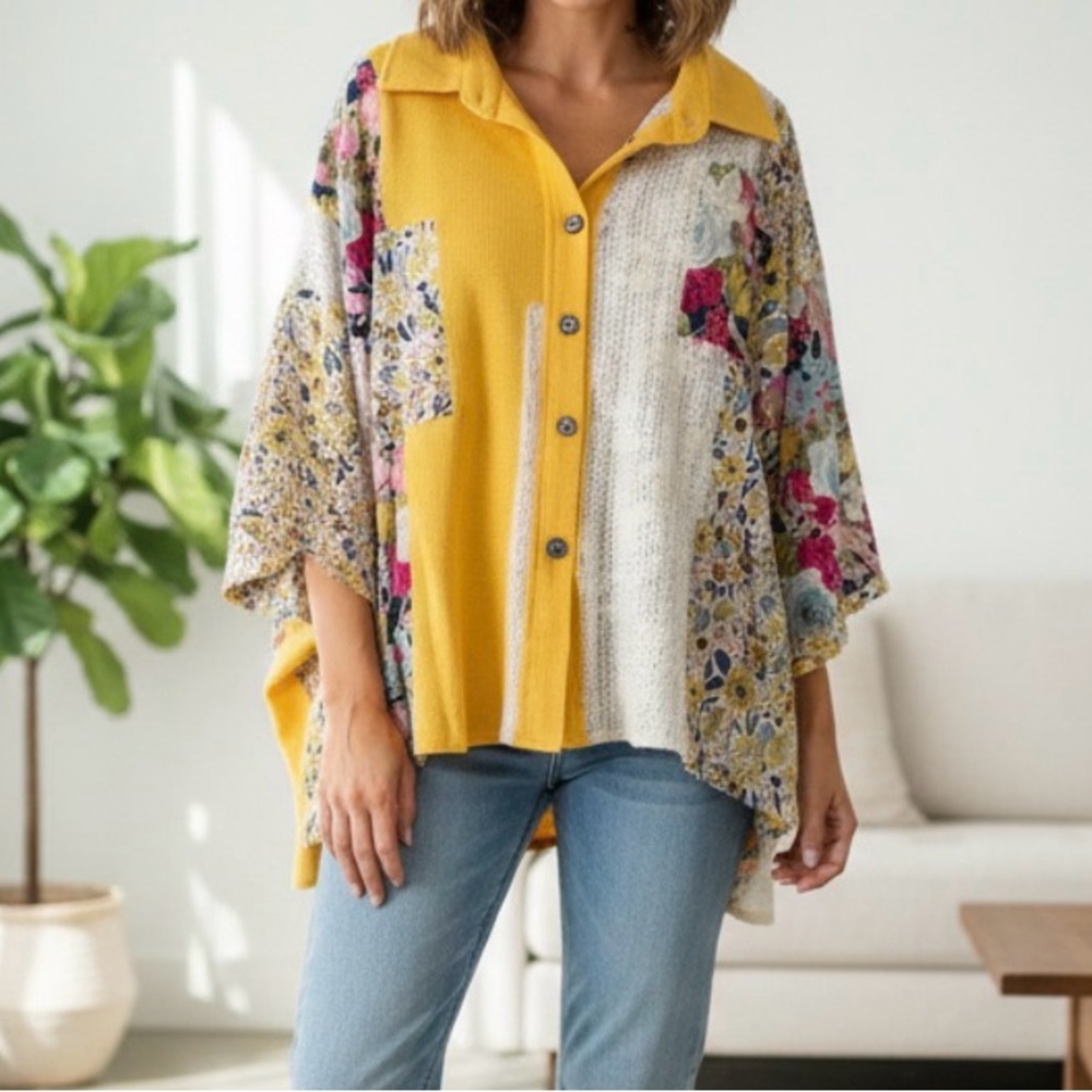 POL Floral/Lace Oversized Crochet Contrast Patchwork button up Blouse size small